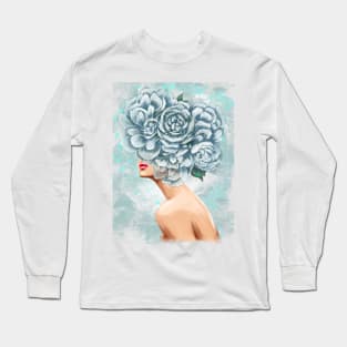 Girl with big peonies on her head Long Sleeve T-Shirt